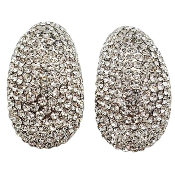 Jarin Silver Tone Clear Rhinestone Pave Clip On Earrings Teardrop Style, Signed - Picture 2 of 11